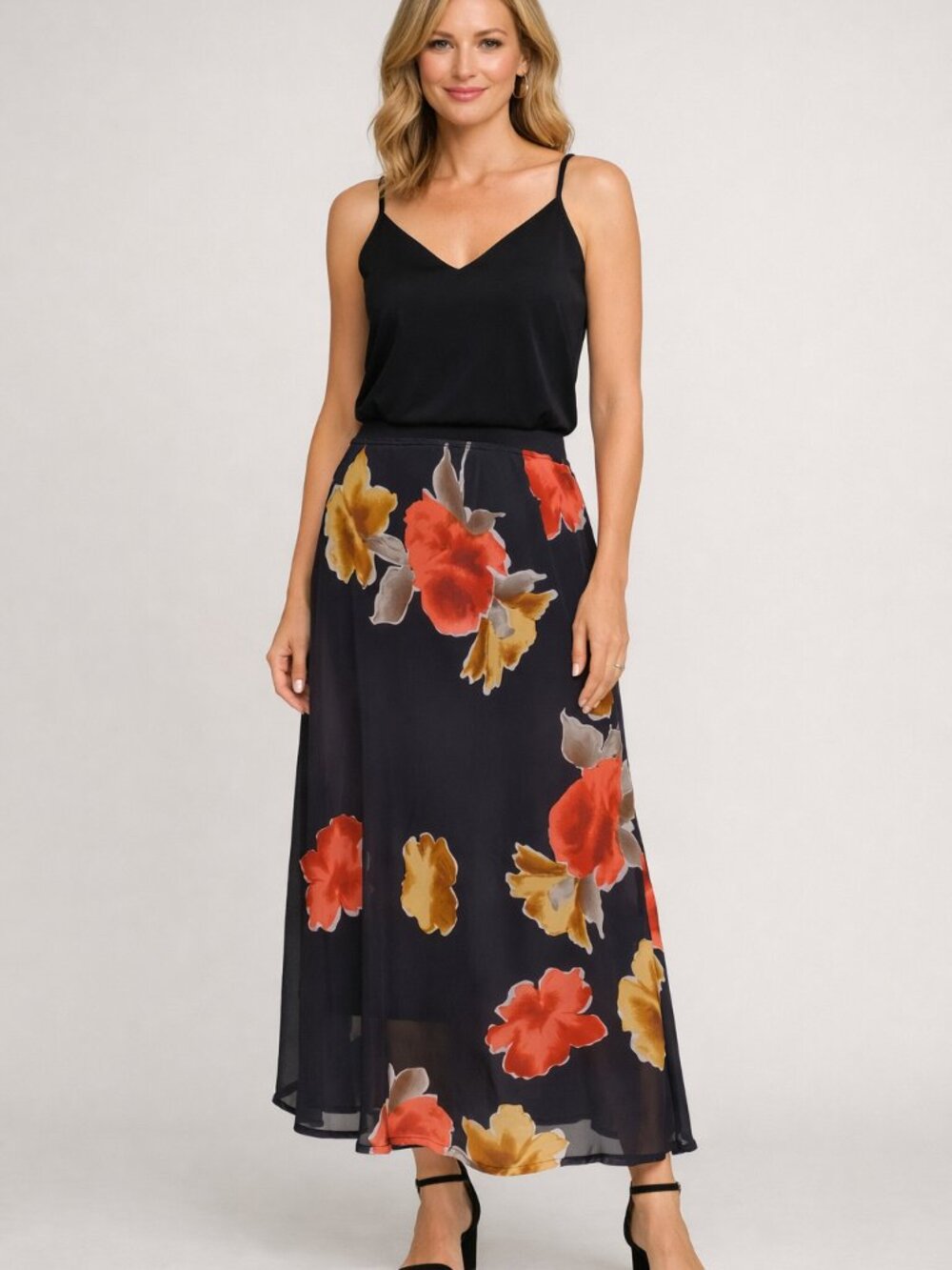 Vintage Black with floral elasticized waist sheer skirt